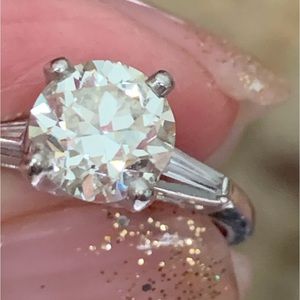 SOLD Platinum Old Mine Cut Round Diamond Engagement Ring side bagettes 1.70ctw